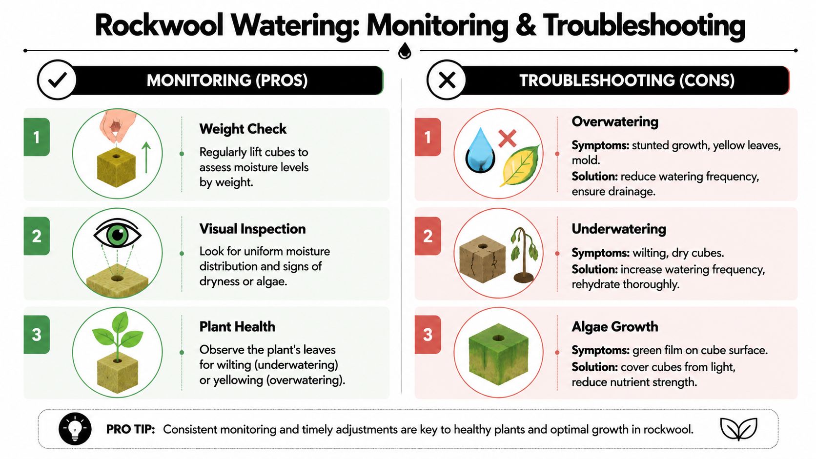 An infographic detailing monitoring tips and troubleshooting solutions for watering rockwool plant growing cubes effectively.