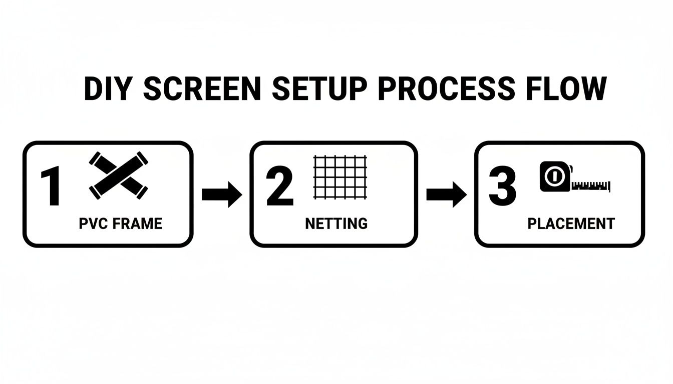 A DIY screen setup process flow showing steps: PVC frame, netting installation, and final placement.