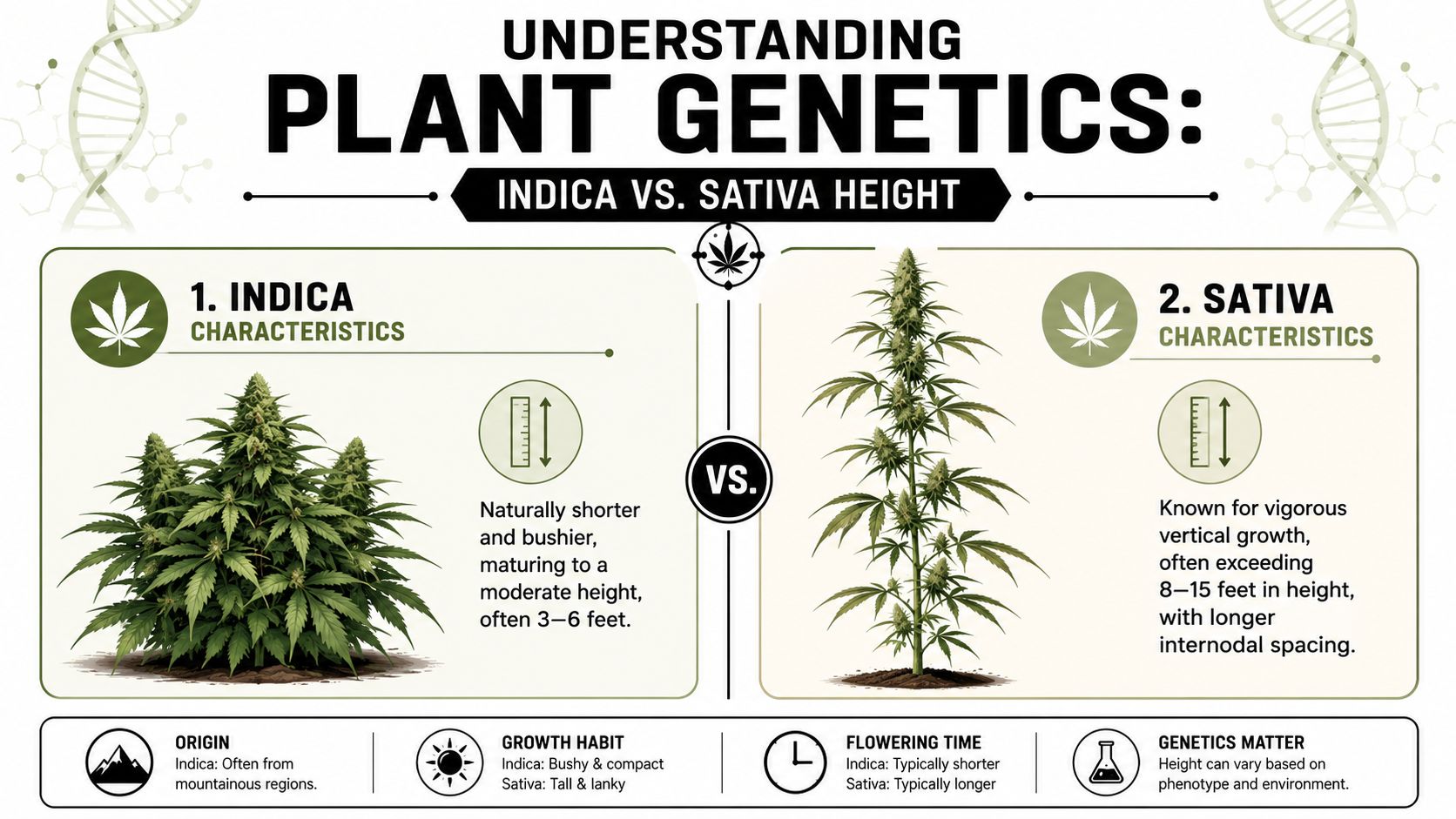 An infographic comparing the physical height, growth patterns, and characteristics of Cannabis Indica and Sativa plants.