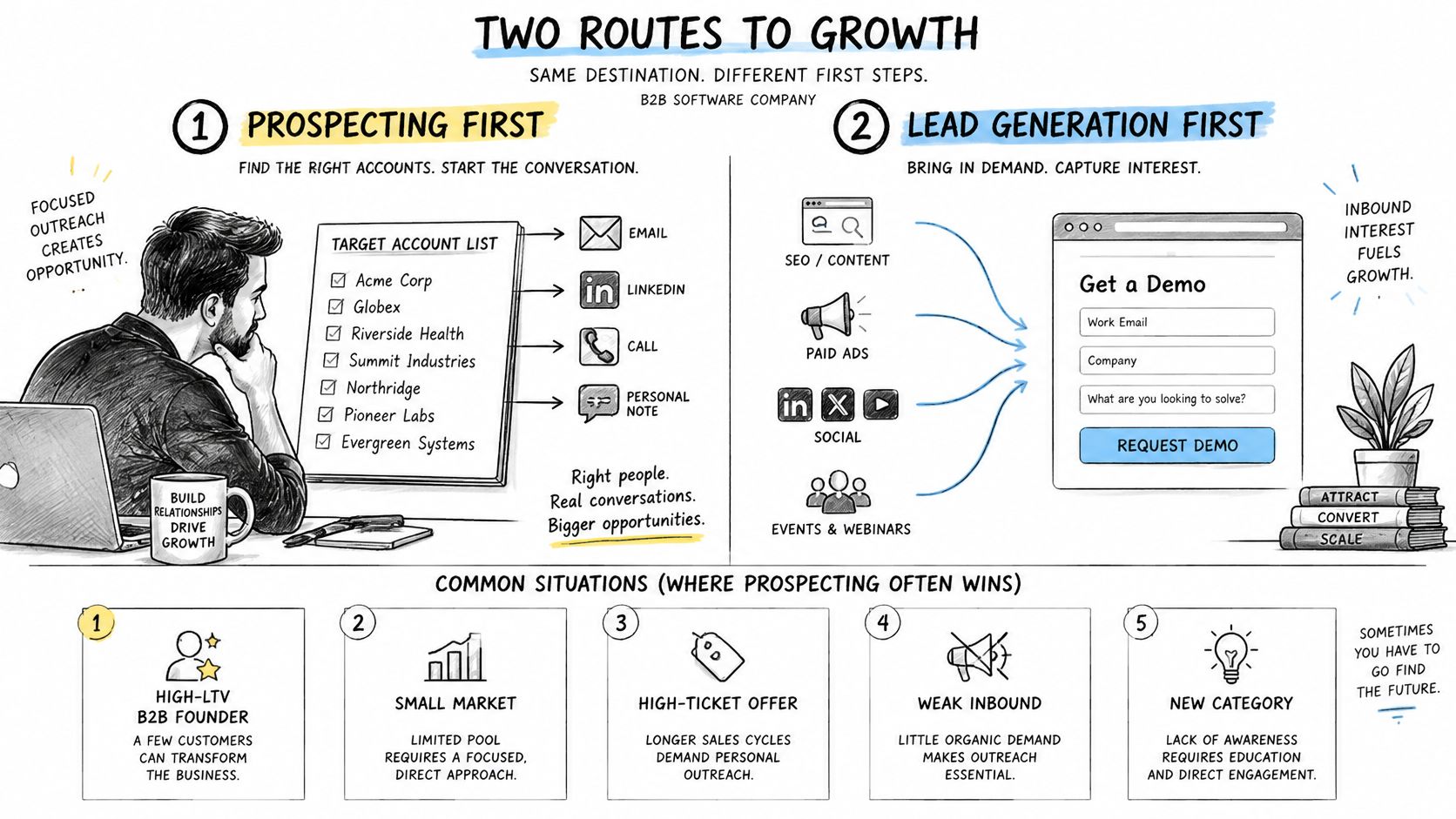 An infographic showing two paths for B2B growth: prospecting with targeted outreach versus lead generation via inbound marketing.