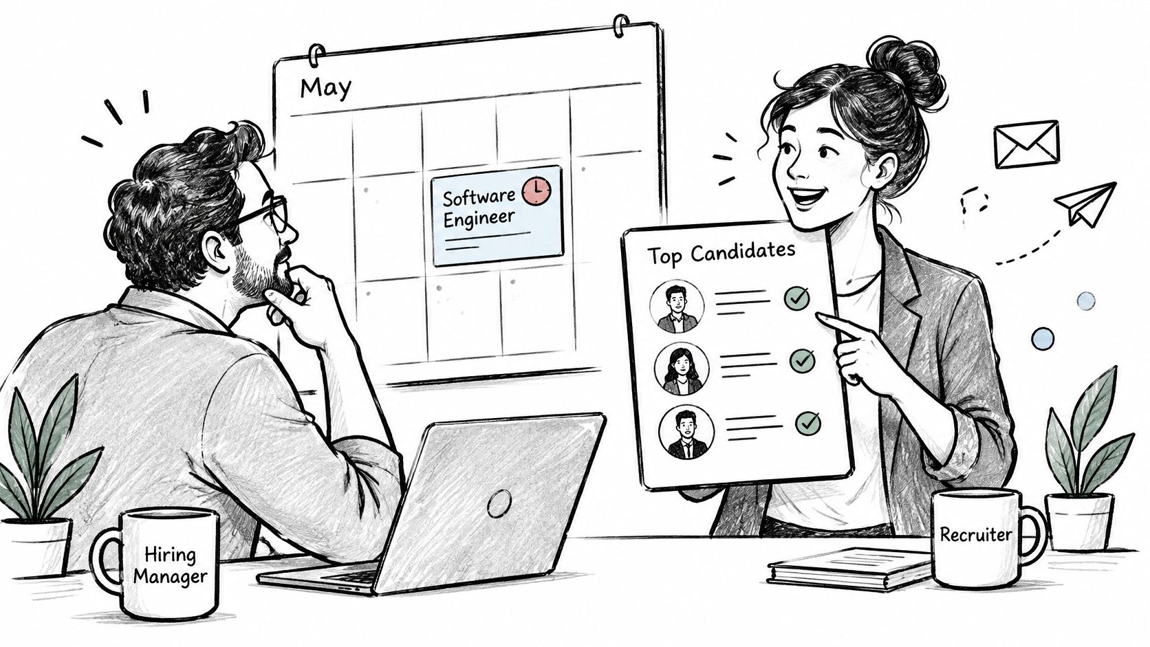 A recruiter showing a list of top candidates to a hiring manager for a software engineer role.