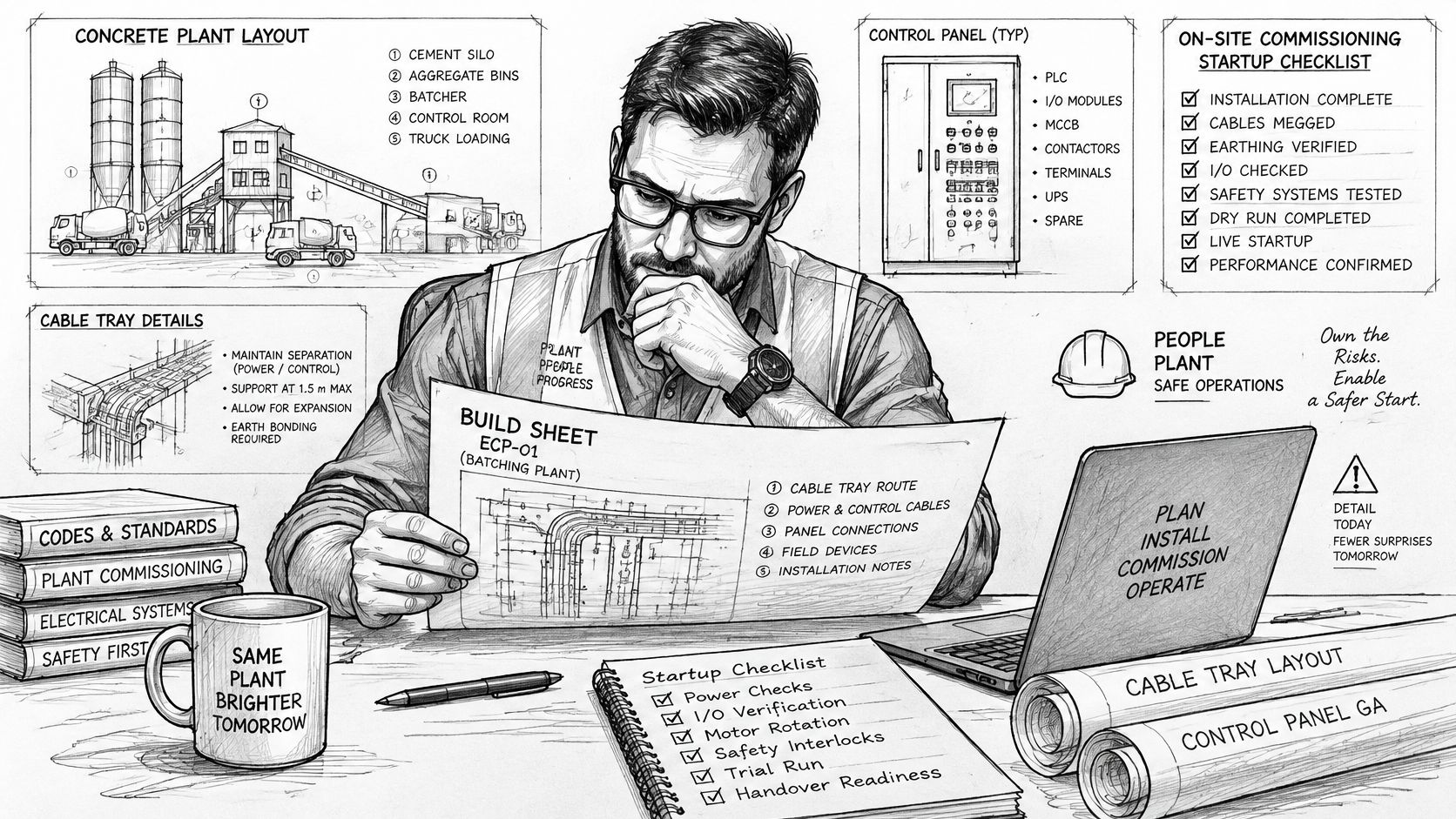 A professional engineer studying technical blueprints and construction documents at a desk in a plant office.