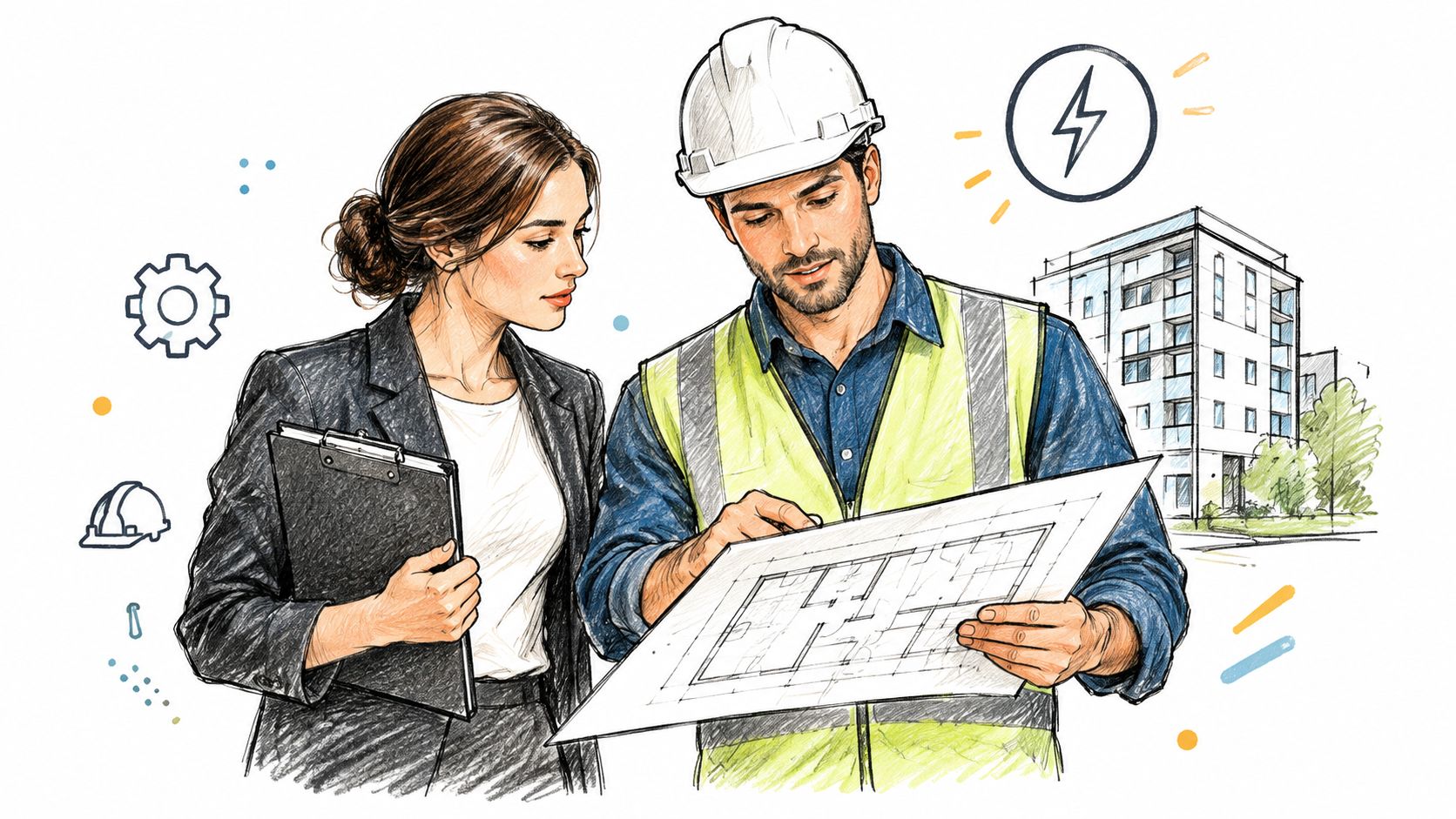 A professional woman and a male construction manager in a safety vest discussing architectural building plans.