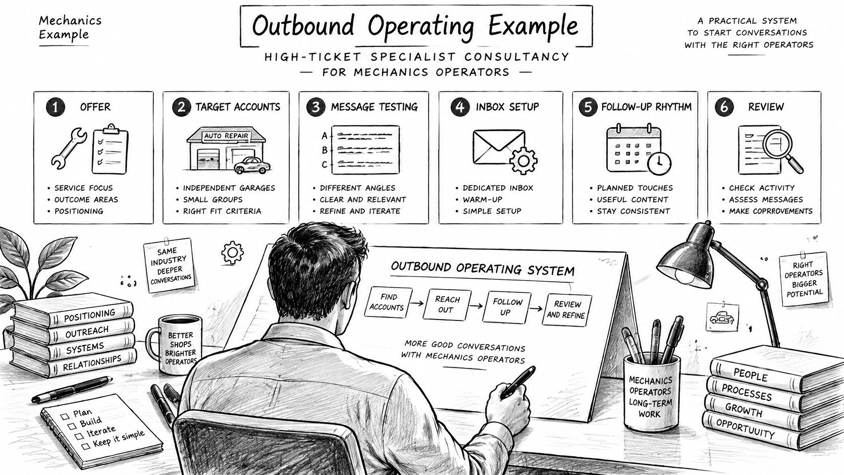 A professional illustration showing an outbound operating system strategy for specialist consultancy within the mechanics industry.