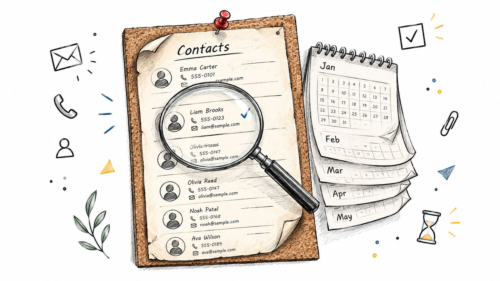 A magnifying glass focusing on a contact list on a clipboard next to a desk calendar.
