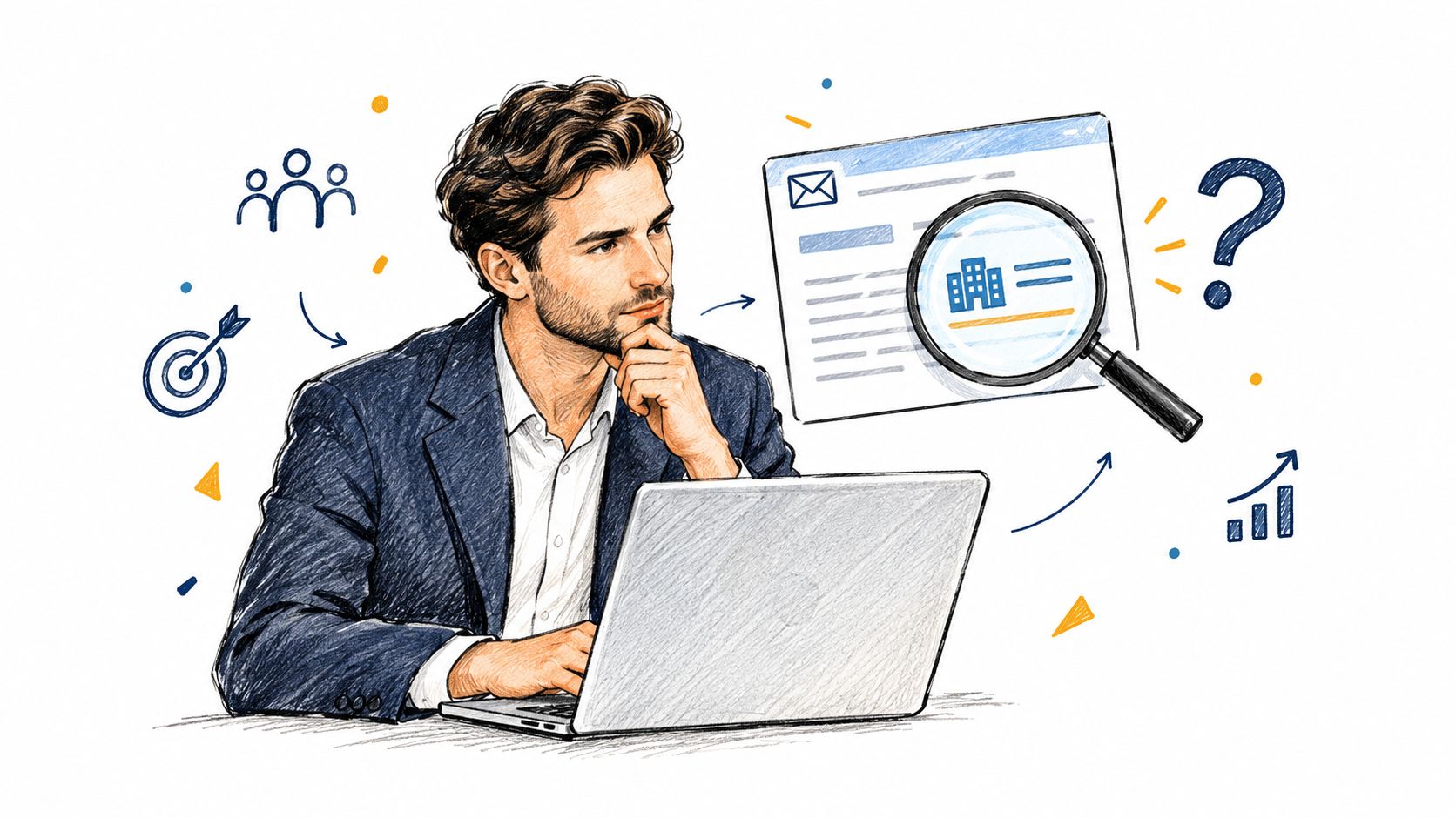 A professional man sitting at a laptop while thinking about B2B sales email marketing strategies.