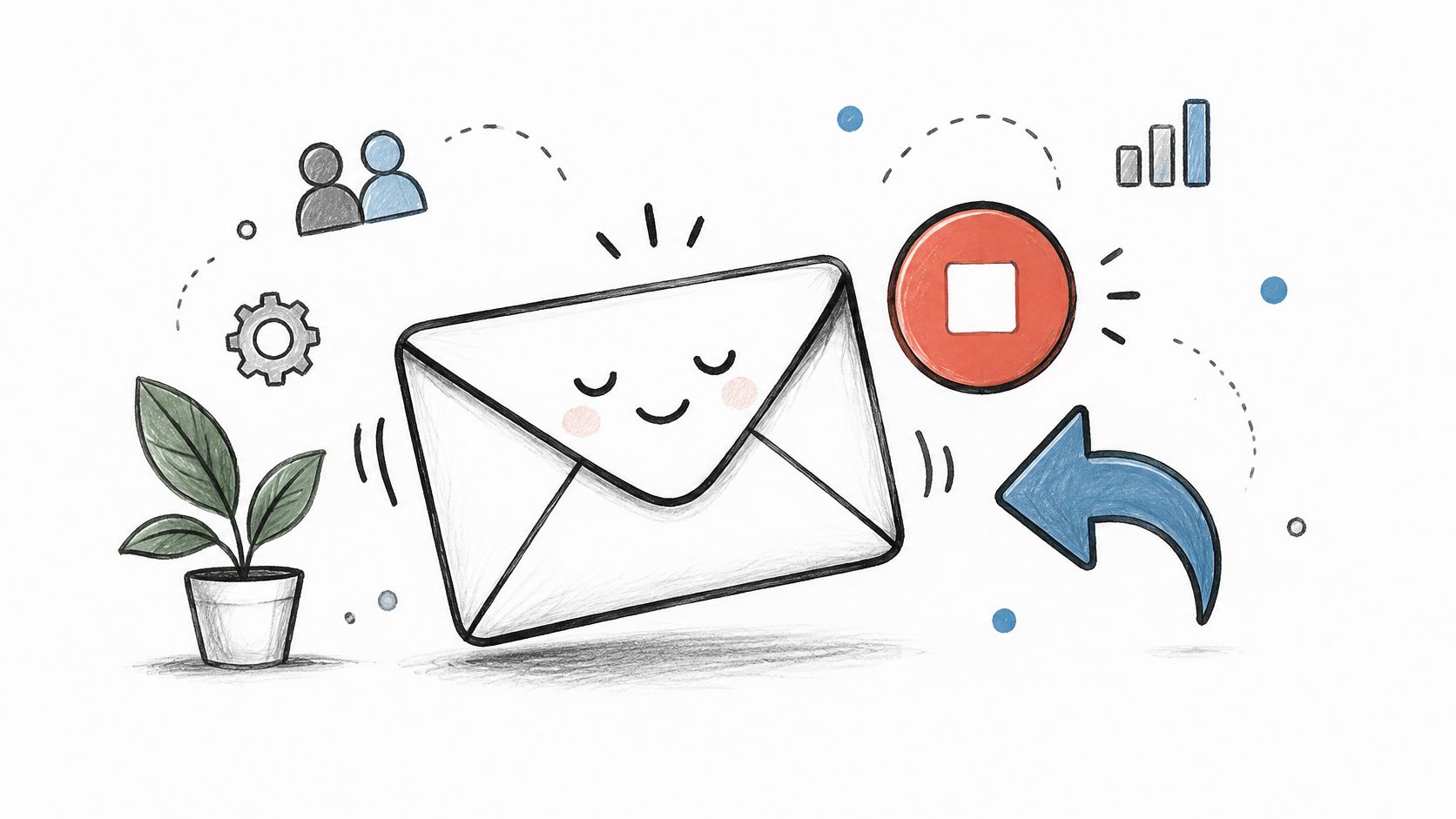 A friendly illustrated envelope with a smiling face alongside business icons like a plant, graph, and arrow.