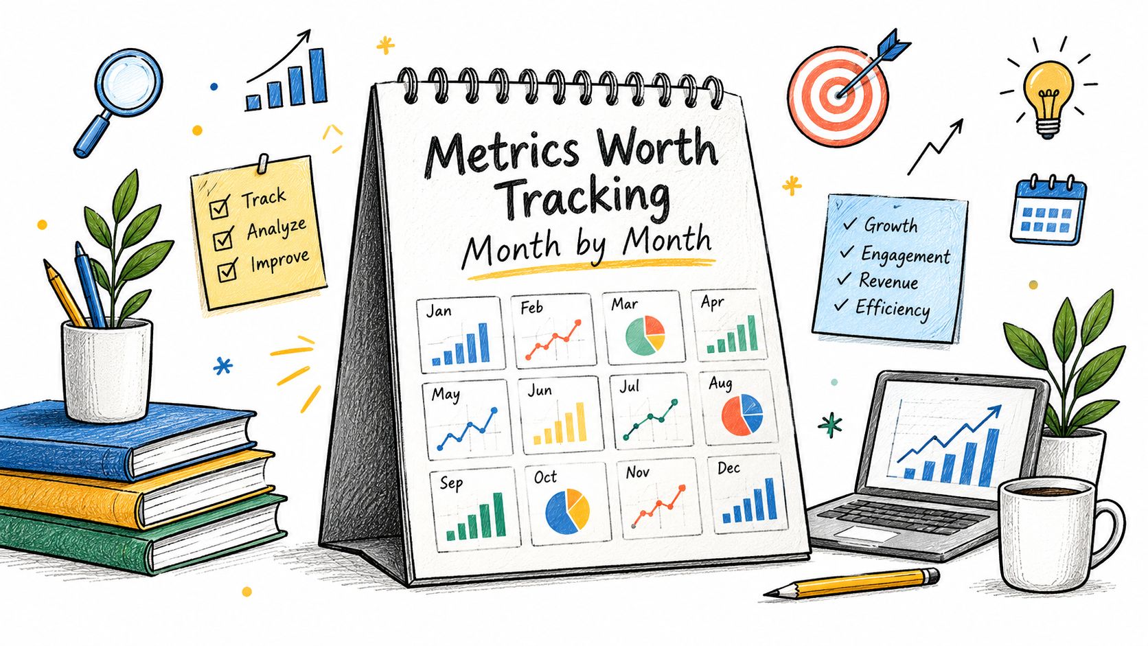 A desk calendar titled Metrics Worth Tracking Month by Month, surrounded by office supplies and business growth charts.
