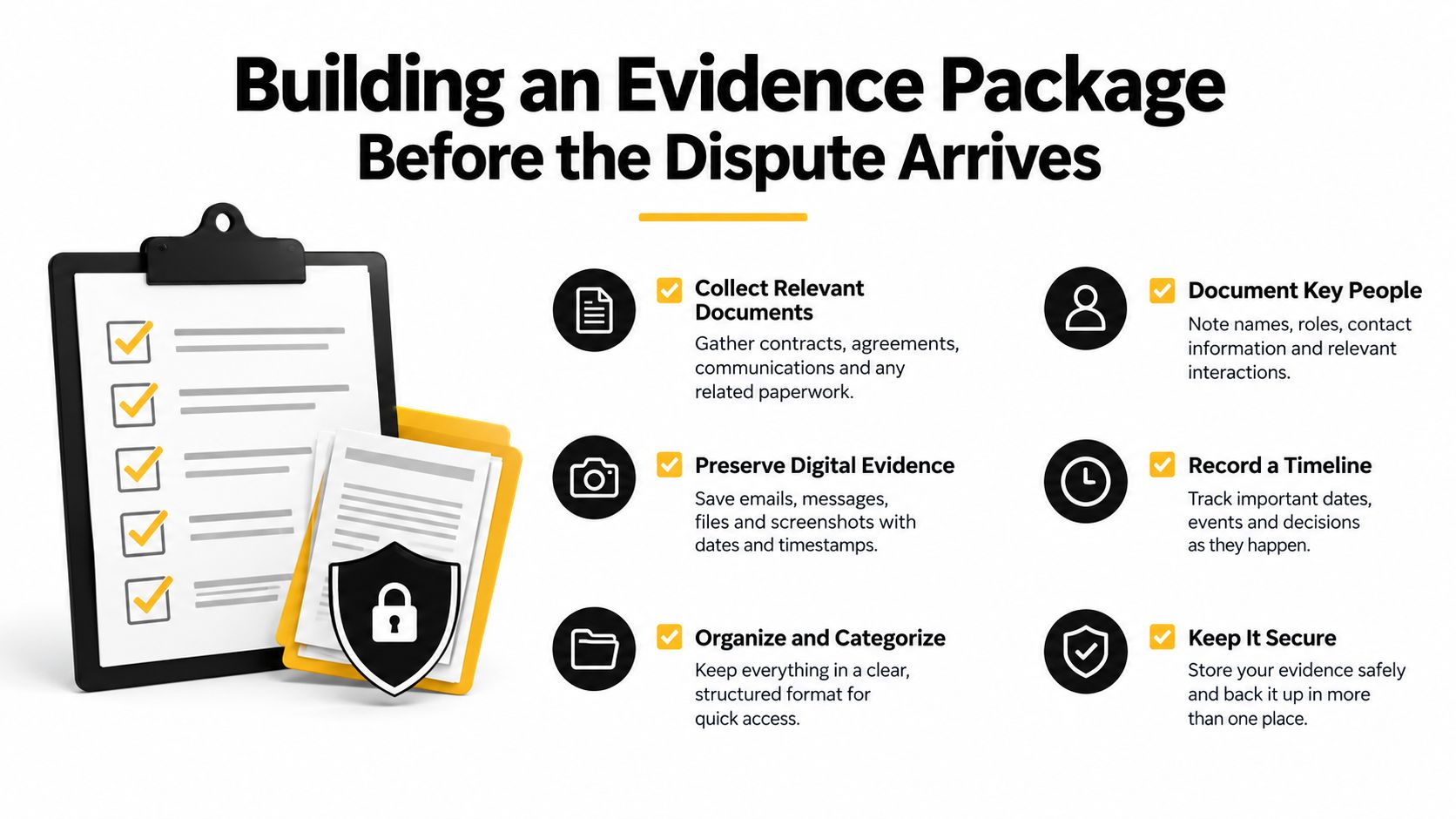 A checklist infographic illustrating six essential steps for building an evidence package to prepare for business disputes.