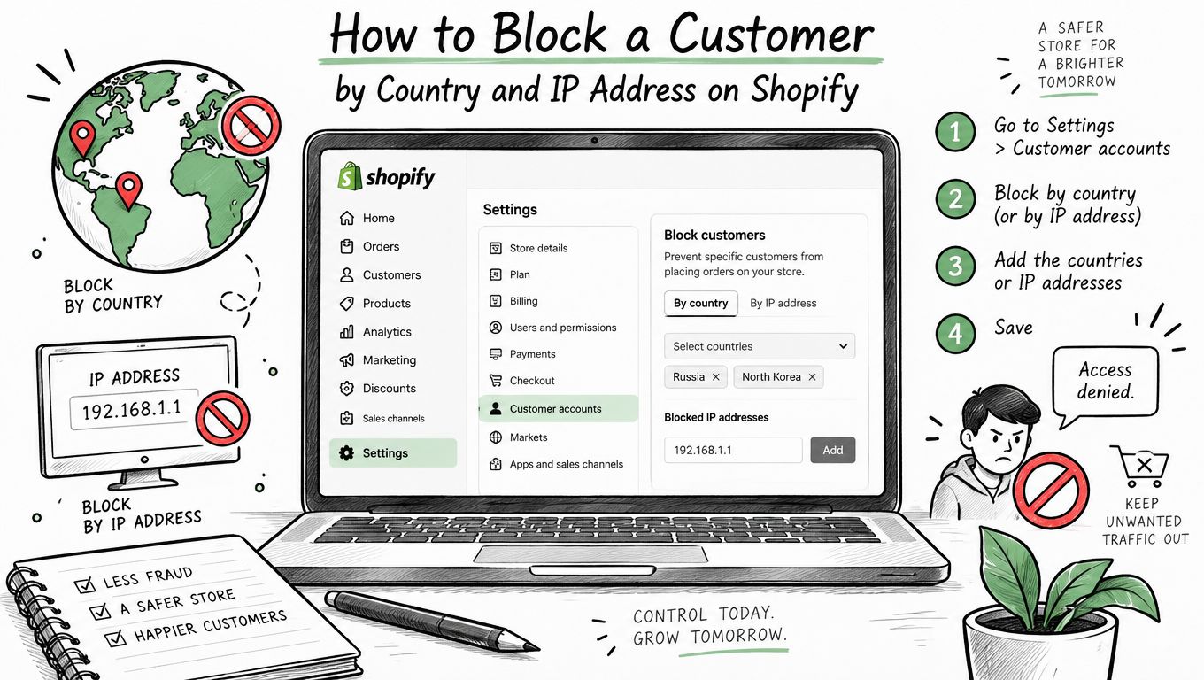 A diagram illustrating how to block customers by country and IP address within Shopify account settings.