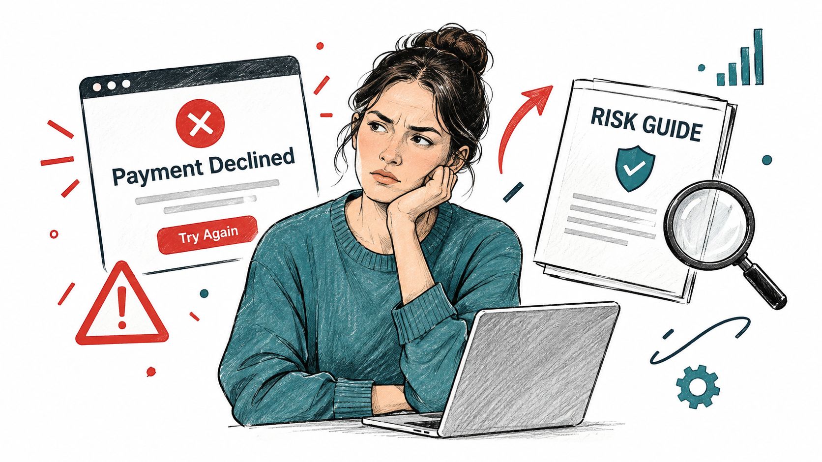 A concerned woman sits at her laptop looking at a payment declined notification and a risk guide document.