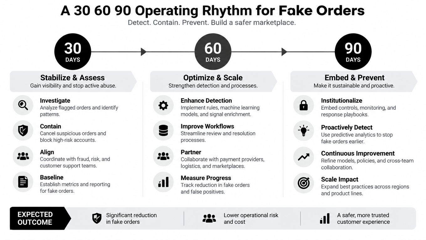 A 30 60 90-day strategy infographic for managing and reducing fake orders in an e-commerce marketplace.