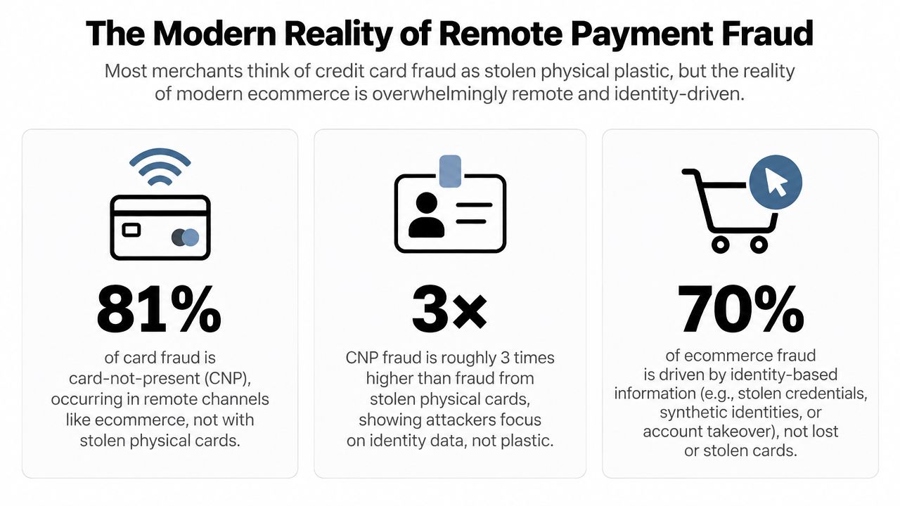An infographic titled The Modern Reality of Remote Payment Fraud highlighting statistics on CNP fraud and identity-driven crimes.