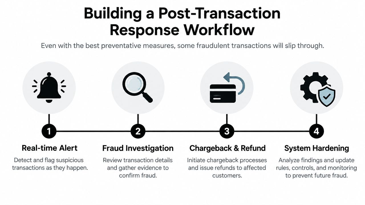 A diagram outlining a four-step post-transaction workflow for managing and responding to fraudulent credit card transactions.