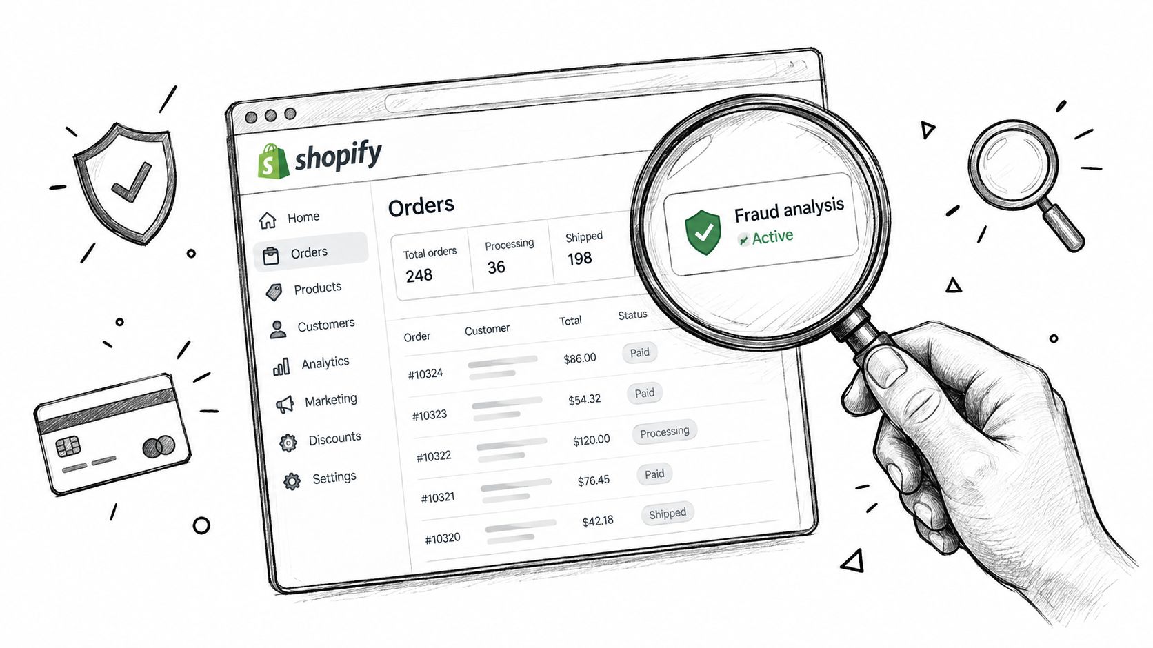 A hand holding a magnifying glass over a Shopify dashboard displaying an active fraud analysis feature.