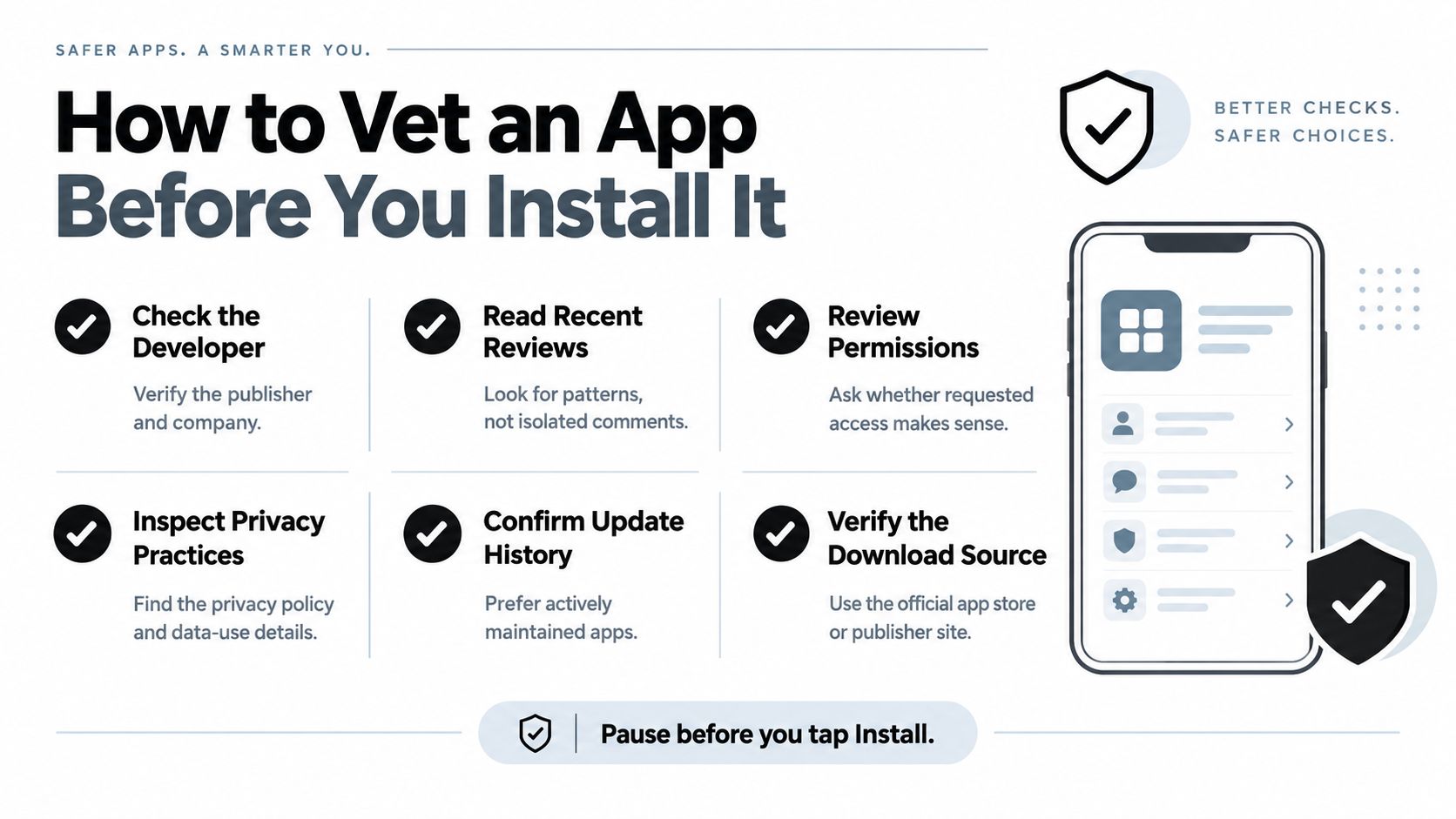 An infographic detailing six essential security steps to vet mobile applications before you choose to install them.