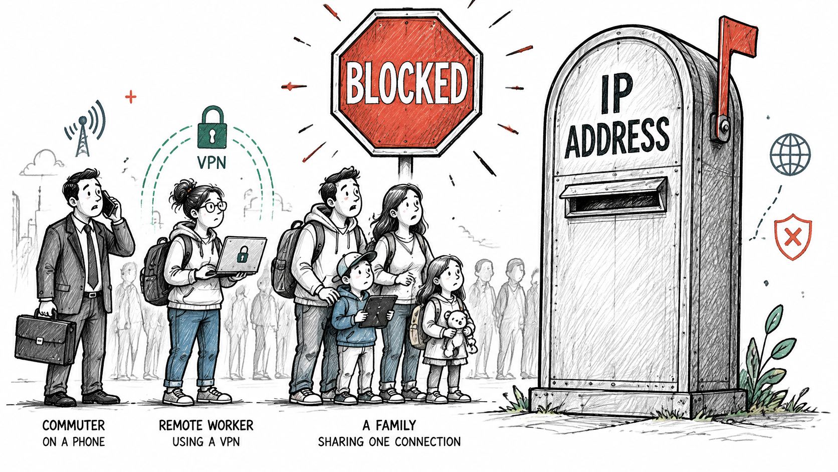 A digital illustration showing diverse people being blocked from accessing a mailbox labeled as IP Address.