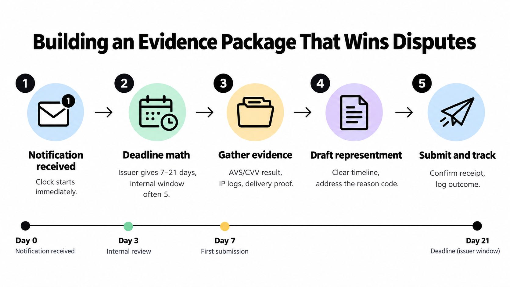 A five-step infographic showing the process for building an evidence package to win payment disputes.