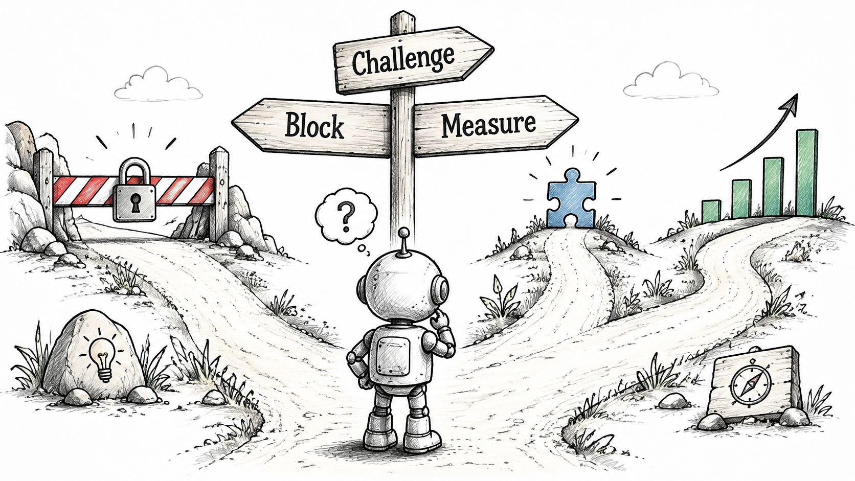 A robot pondering a signpost with paths labeled Block, Challenge, and Measure, representing bot mitigation strategies.