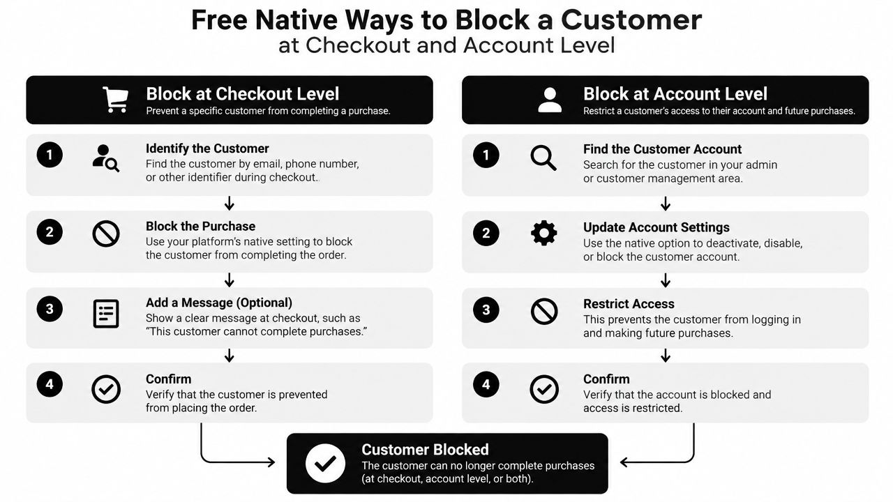 A flowchart infographic titled Free Native Ways to Block a Customer at Checkout and Account Level.