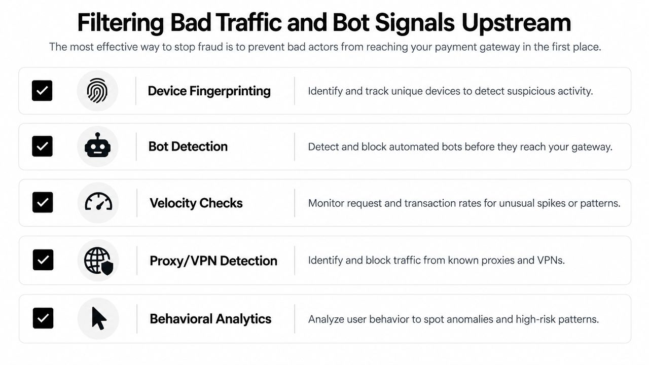 A list of five essential upstream methods to filter bad traffic and prevent payment gateway fraud.
