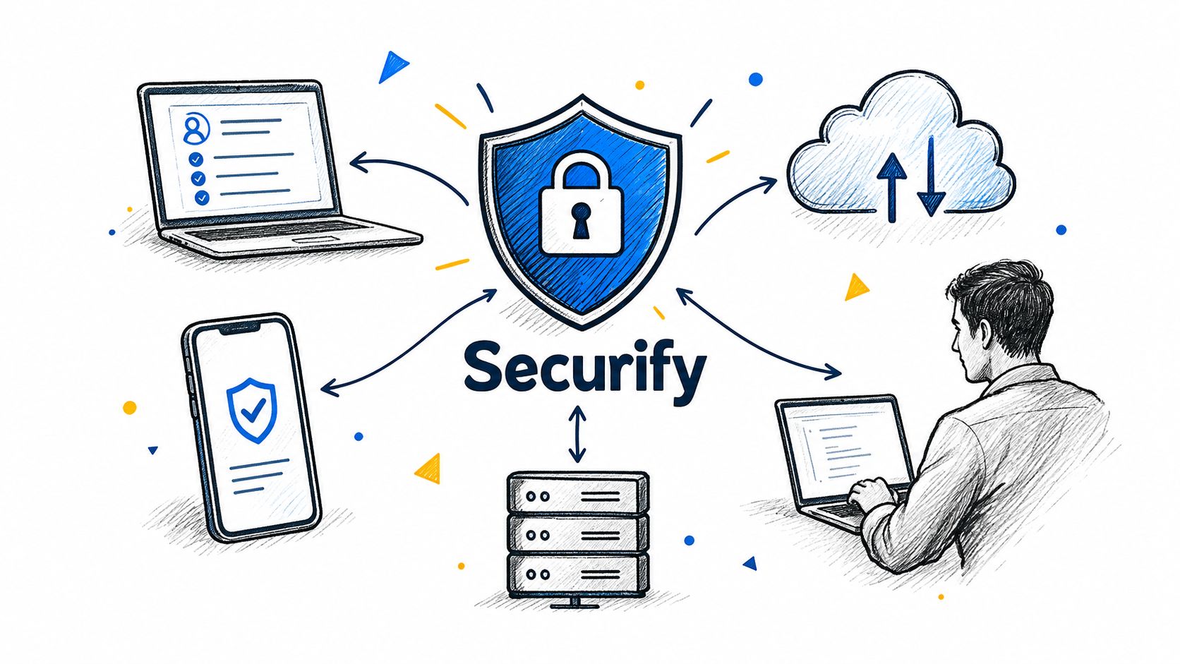 A digital security illustration with a central shield icon connecting to a laptop, phone, cloud, and server.