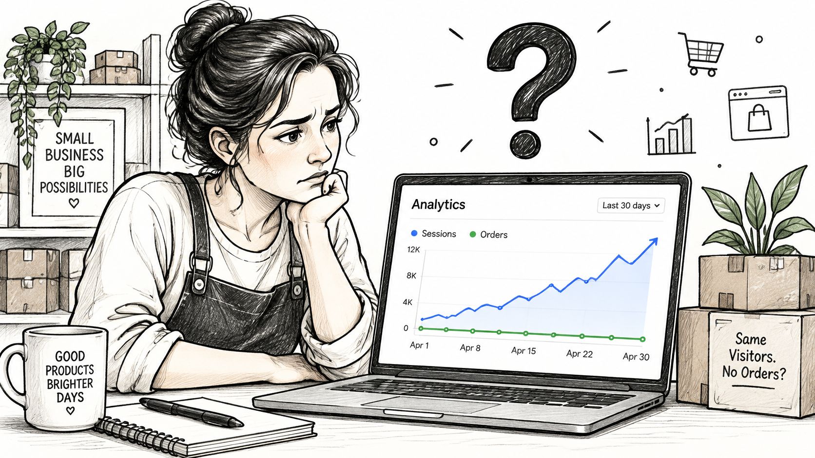 A concerned small business owner looking at a laptop screen showing high website traffic with no sales.
