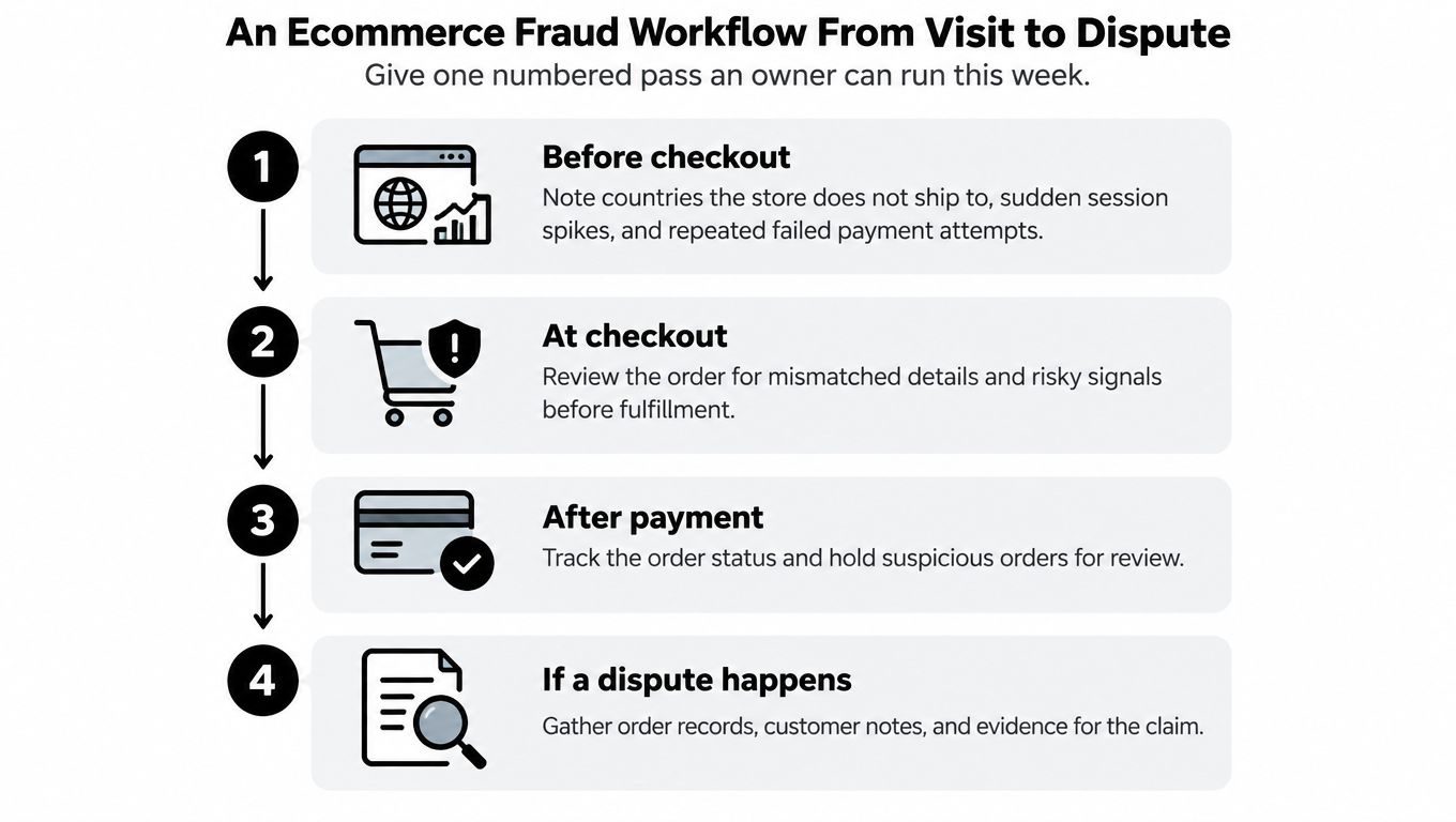 A four-step infographic illustrating a workflow for managing ecommerce fraud from website visit to dispute resolution.