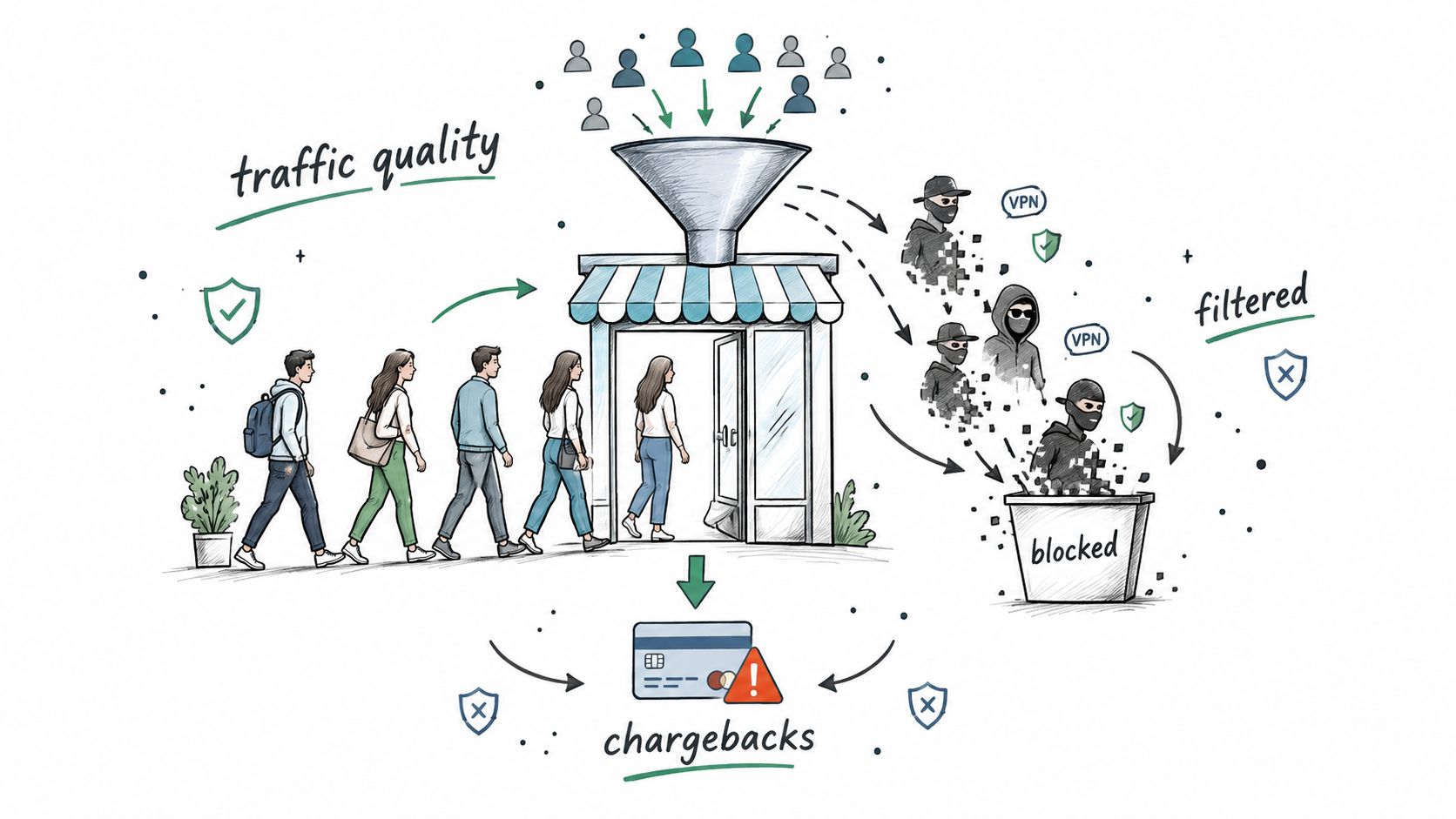 A diagram illustrating traffic quality filtering by blocking fraudulent users and VPNs to prevent business chargebacks.
