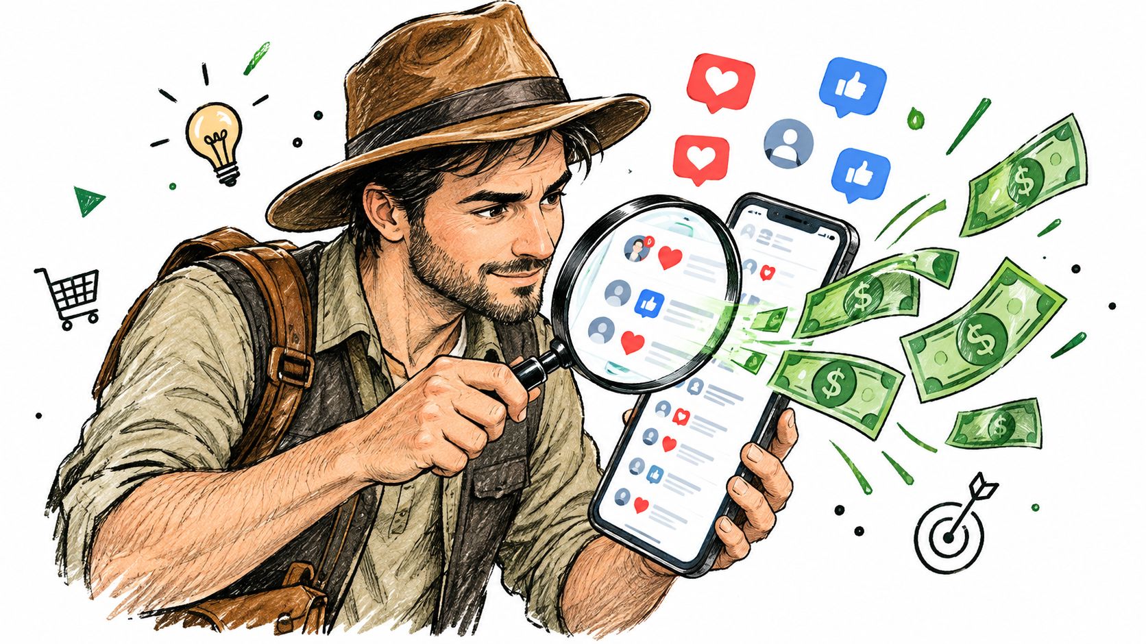 A digital illustration of a explorer looking at a smartphone screen through a magnifying glass, generating online income.