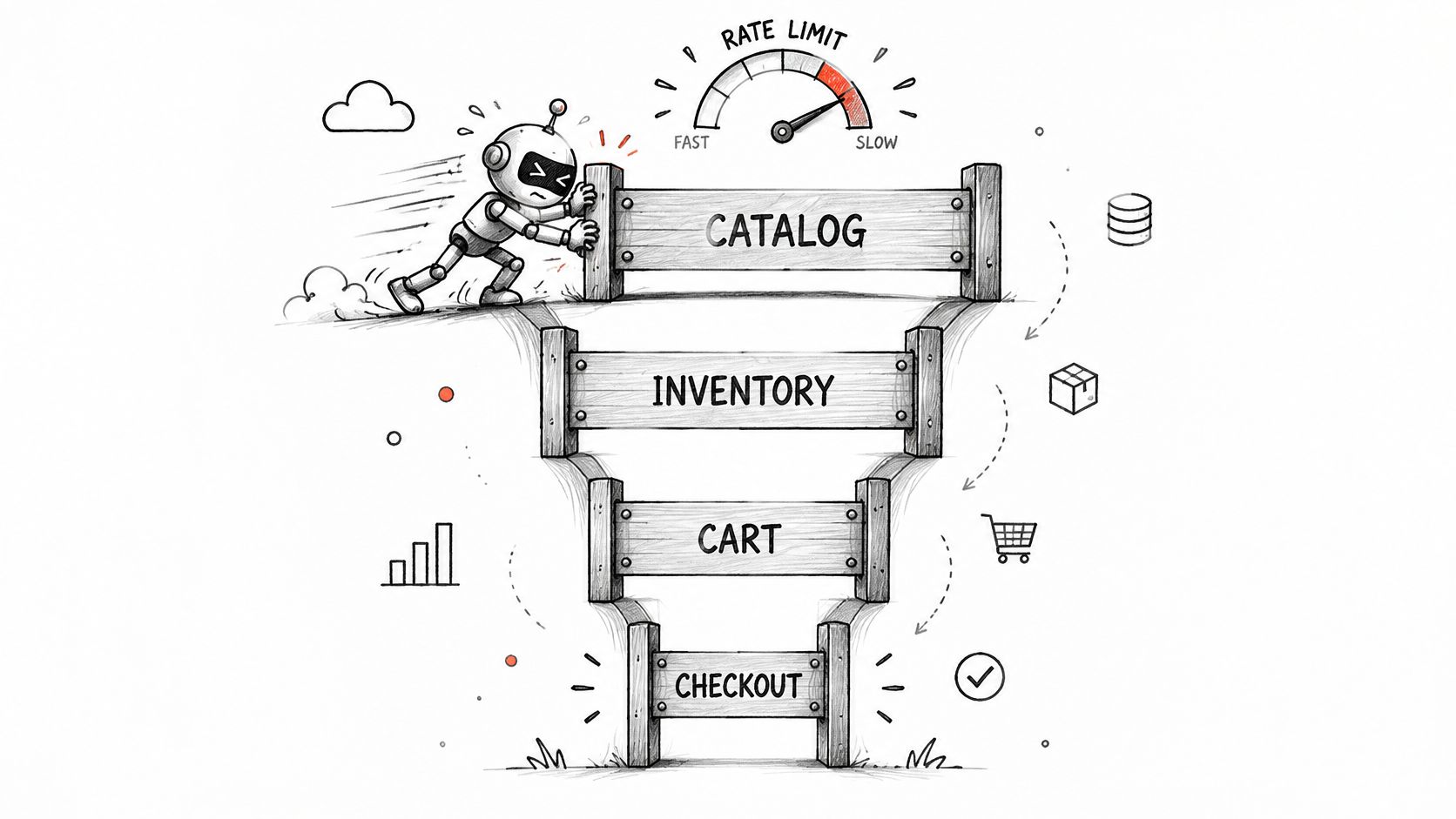 A cartoon robot struggling against a rate limit gauge as it pushes through an e-commerce sales funnel.