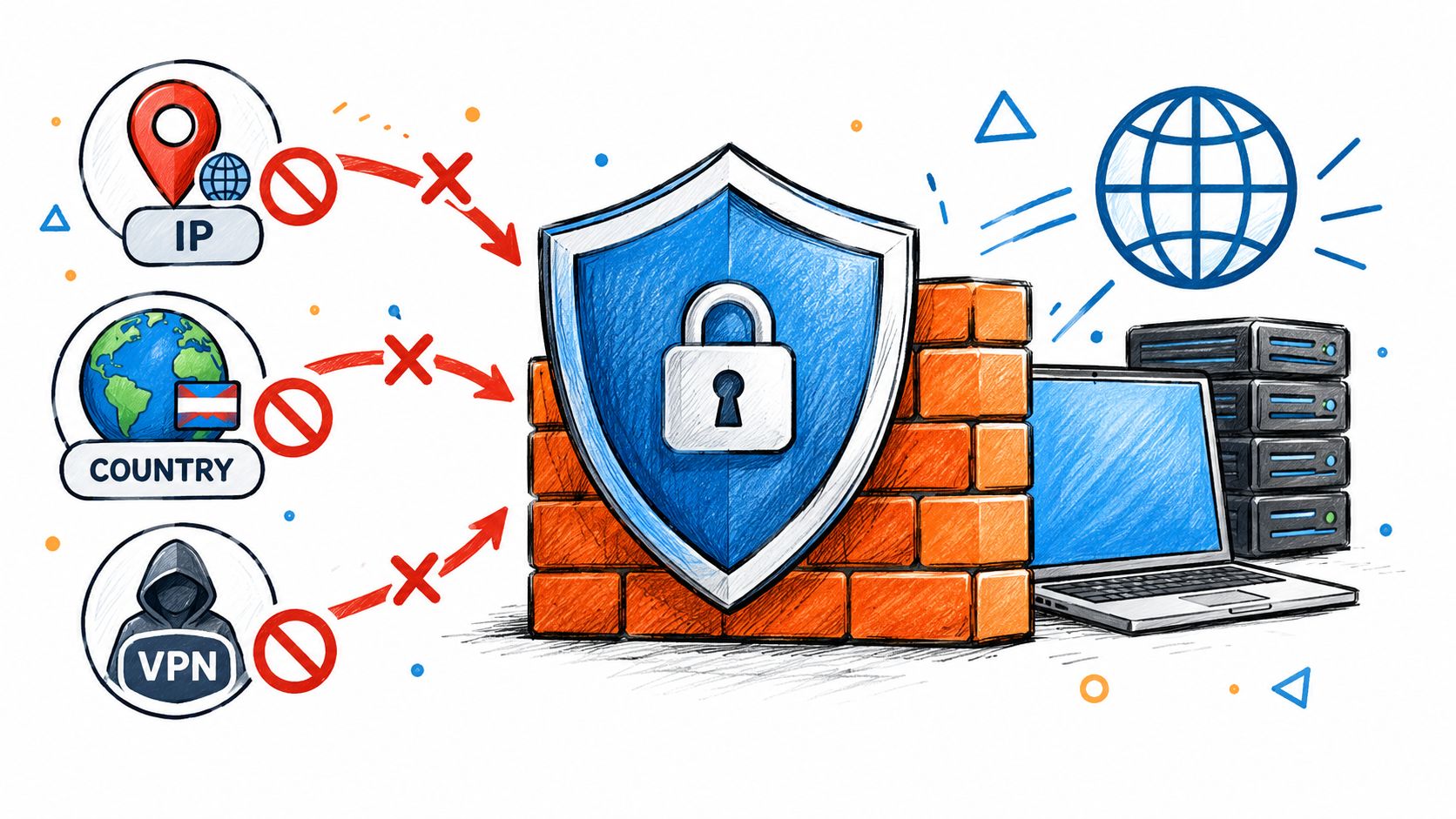 A digital illustration showing a firewall blocking unauthorized IP addresses, countries, and VPN connections to a server.