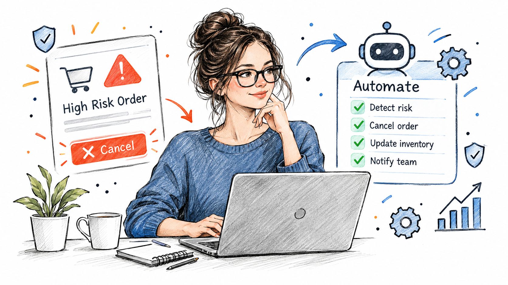 A woman using a laptop to automate the process of identifying and canceling Shopify high risk orders.