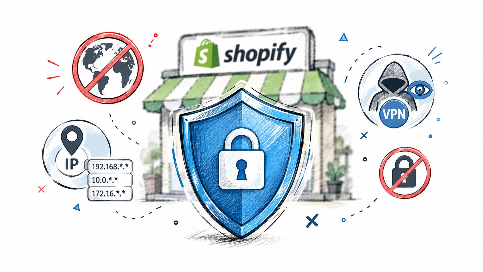 A digital illustration representing Shopify store security, blocking unauthorized IP addresses, countries, and VPN-hidden traffic connections.