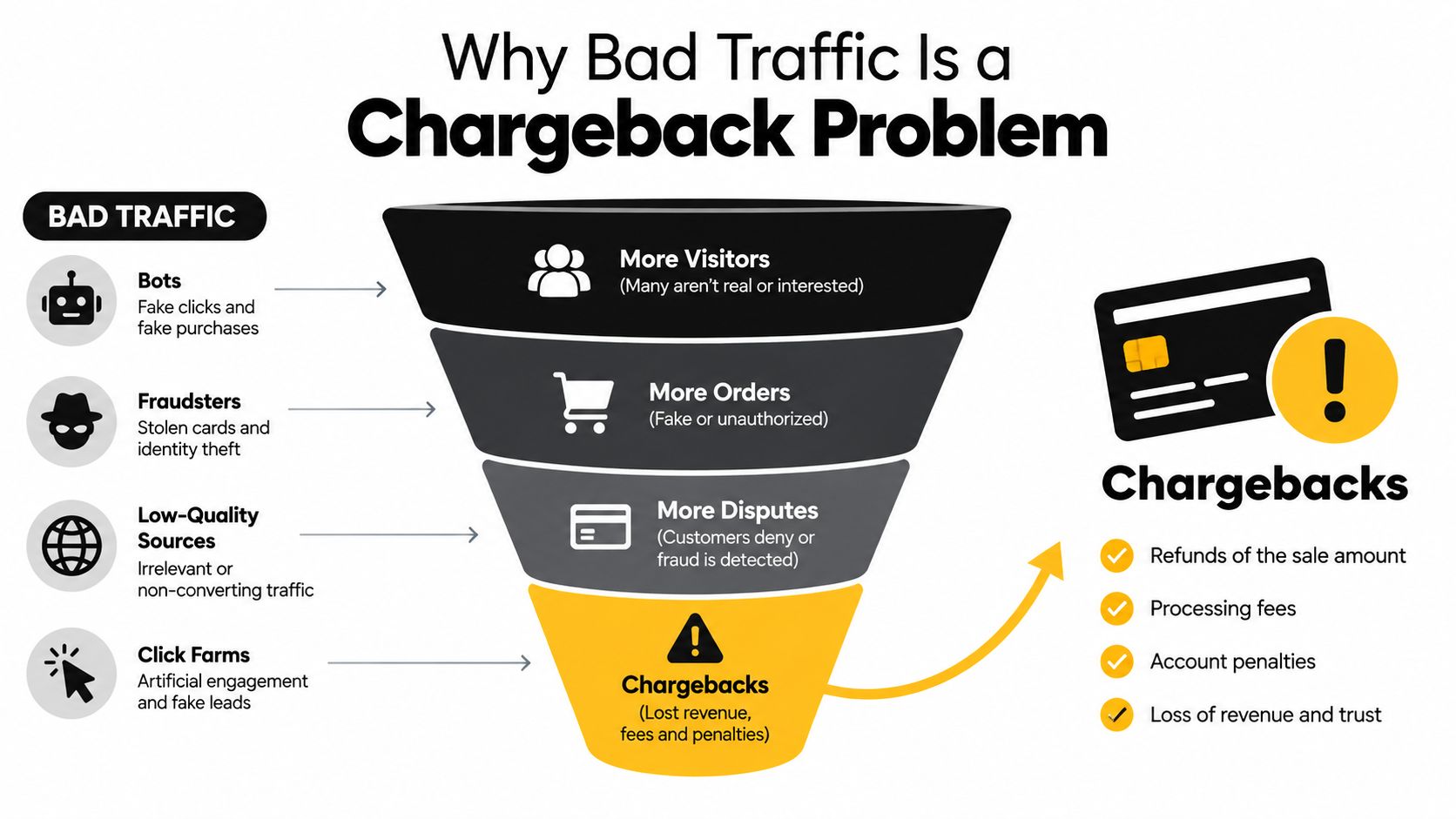 A diagram illustrating how bad web traffic sources, such as bots and fraudsters, lead to increased chargebacks.