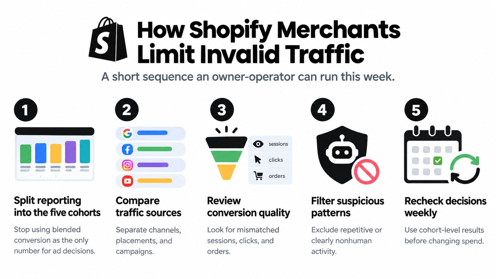 A five-step guide for Shopify store owners to identify and reduce invalid advertising traffic effectively.