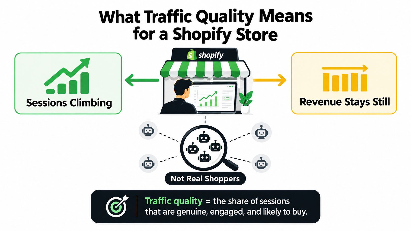 An infographic showing that high session counts with stagnant revenue indicates poor Shopify store traffic quality.