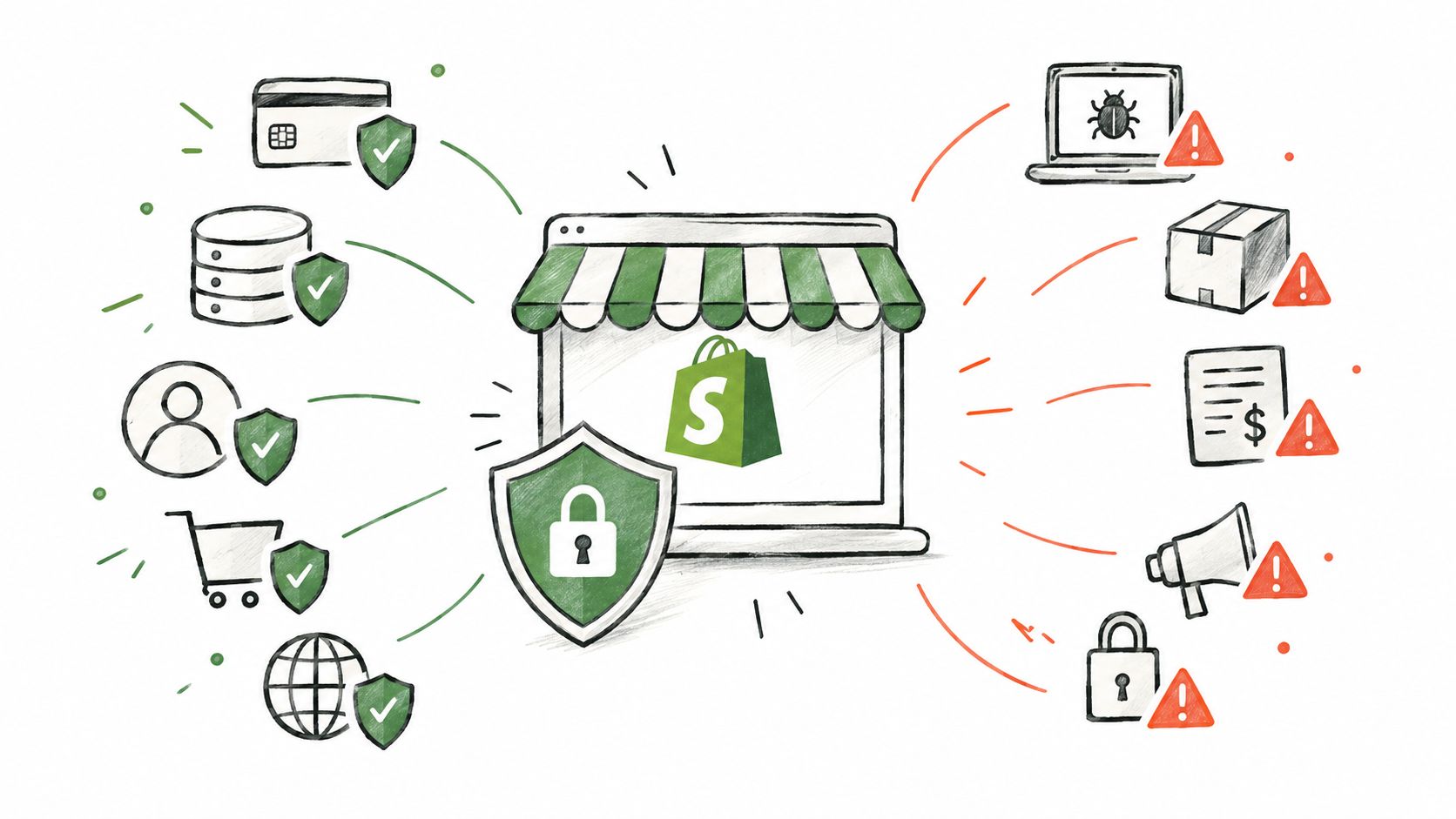 A conceptual illustration showing Shopify secure versus various potential security risks and threats for e-commerce.