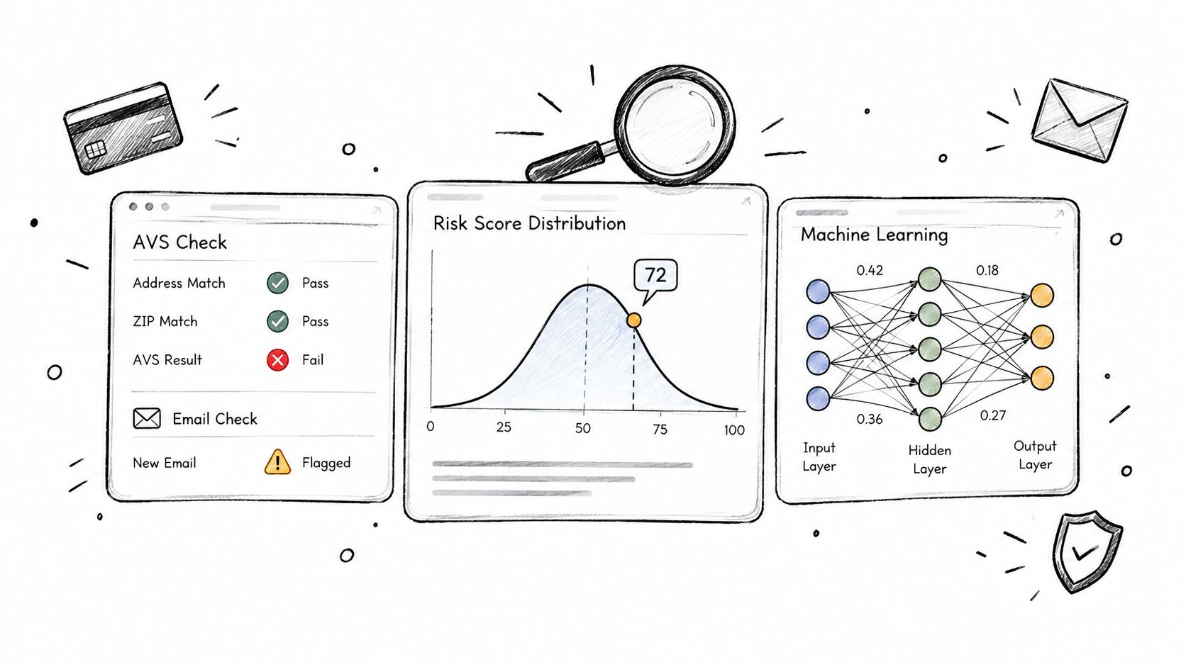 A hand-drawn illustration showing digital fraud detection tools including AVS check, risk score distribution, and machine learning neural networks.