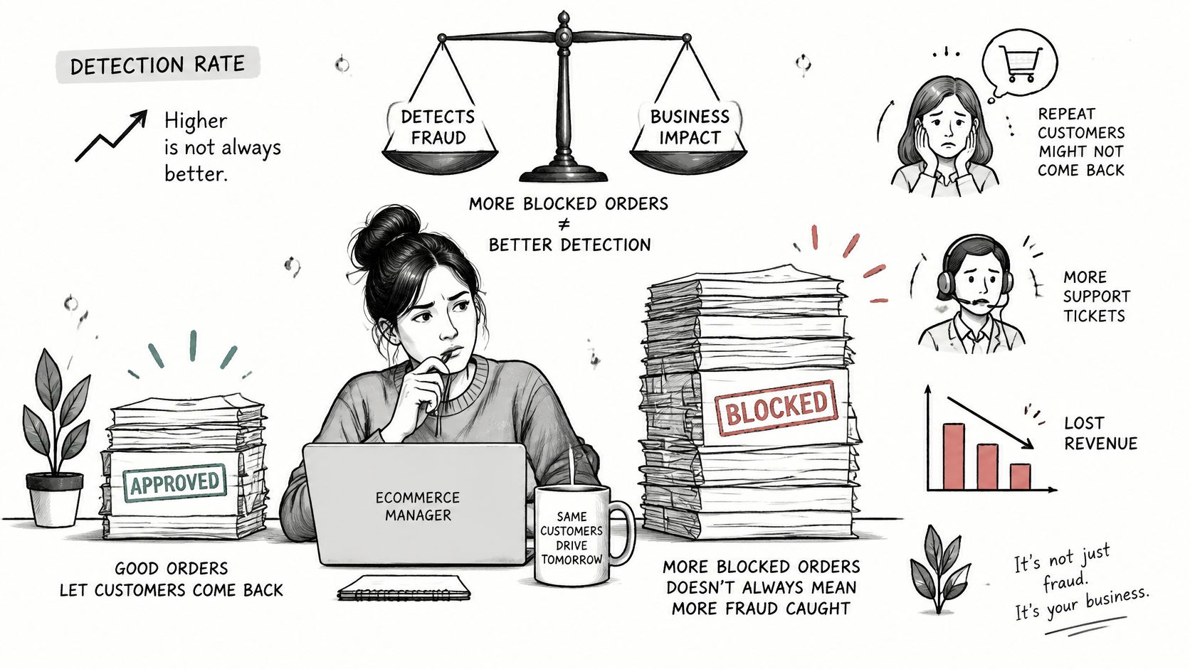 An ecommerce manager balancing fraud detection and business impact with blocked and approved order piles.