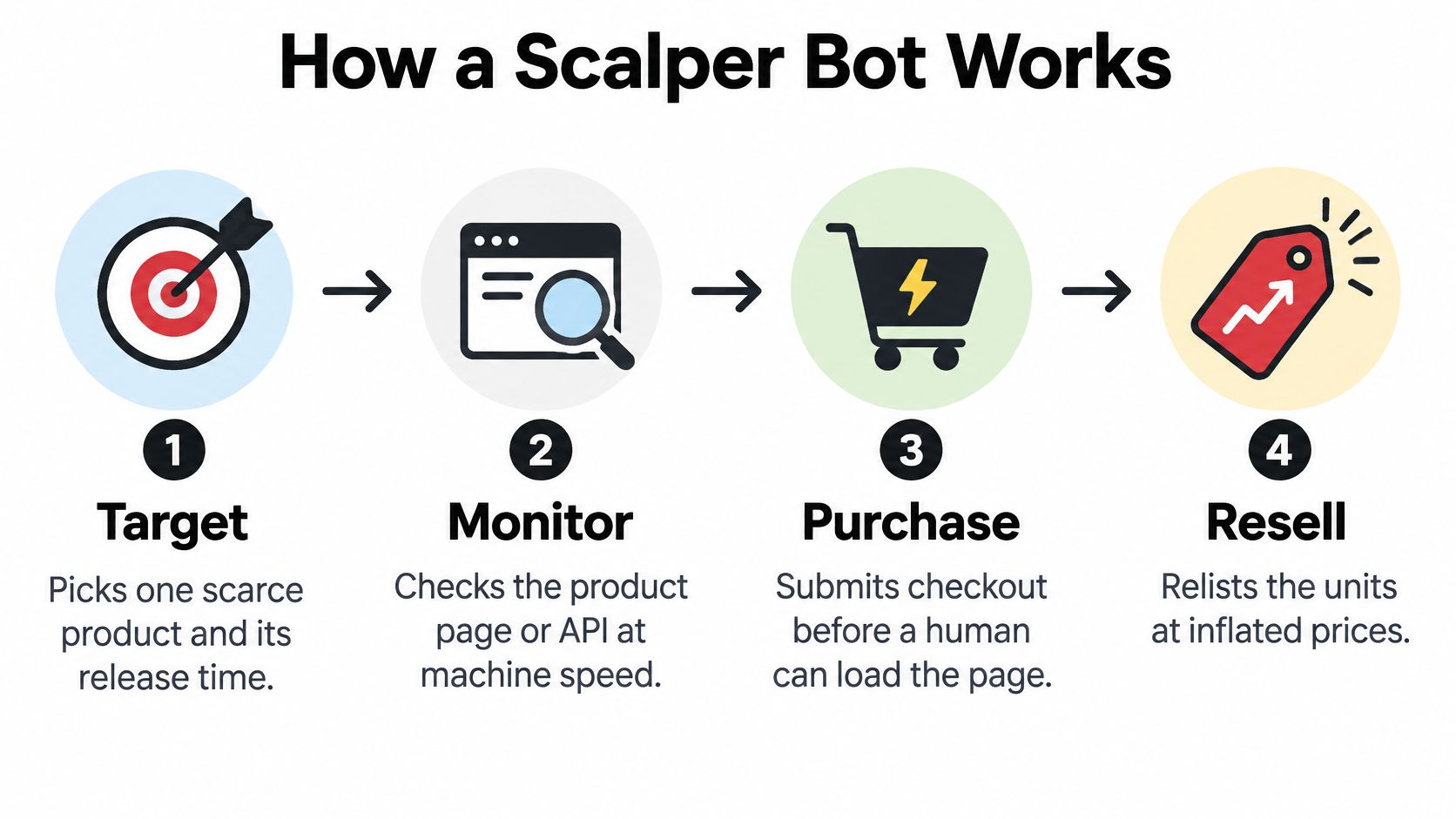 A four-step infographic explaining the process scalper bots use to monitor, purchase, and resell scarce products.