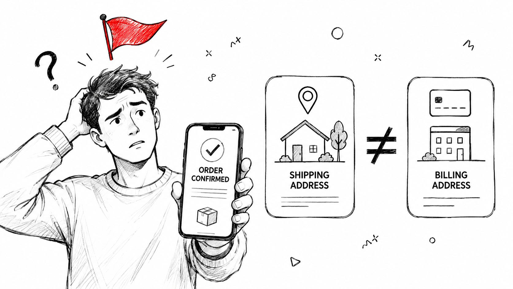 A confused person holding a smartphone showing an order confirmation with mismatching shipping and billing addresses.