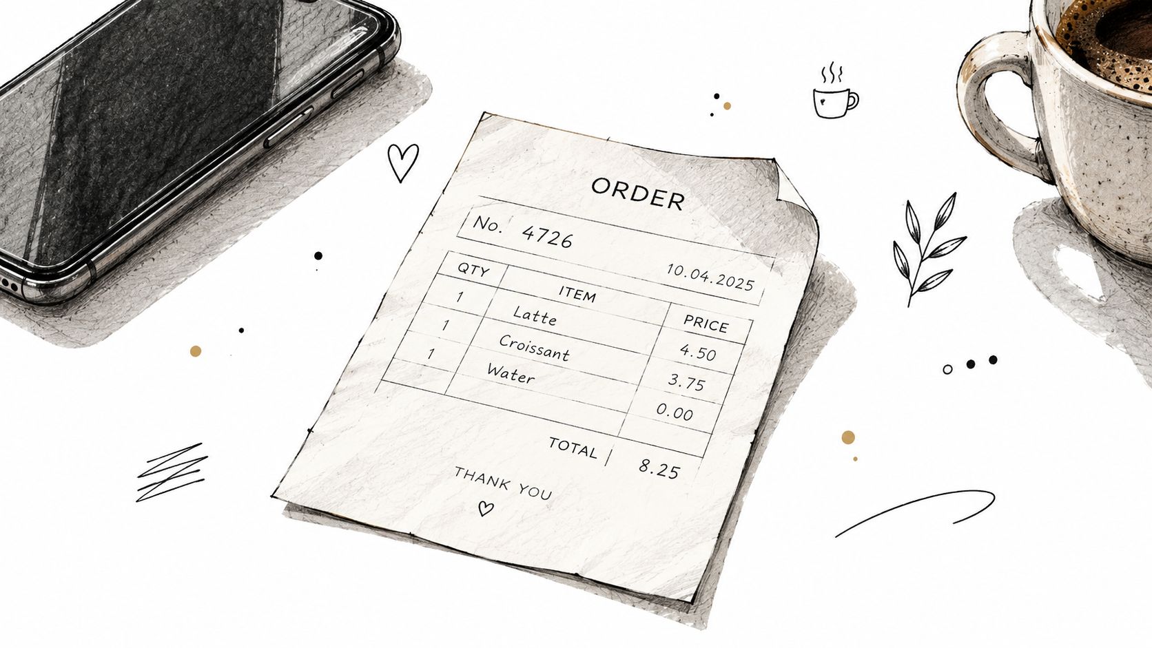 A paper receipt for a latte, croissant, and water next to a smartphone and coffee cup.