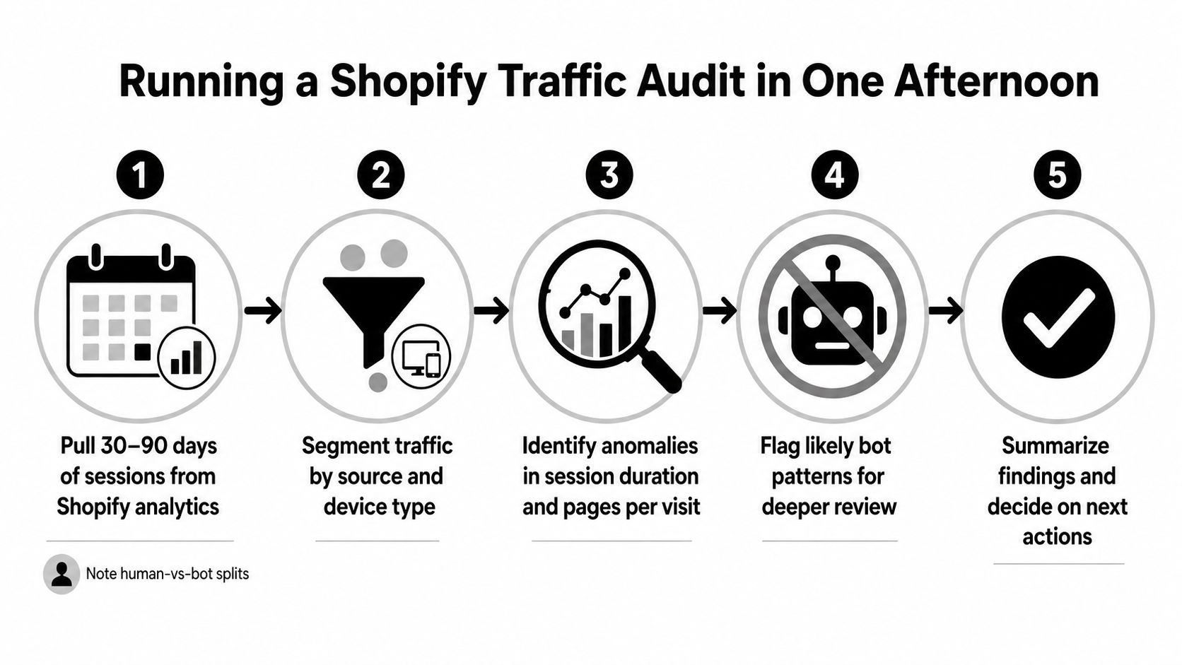 A five-step infographic showing a simple process for conducting a Shopify traffic audit in one afternoon.