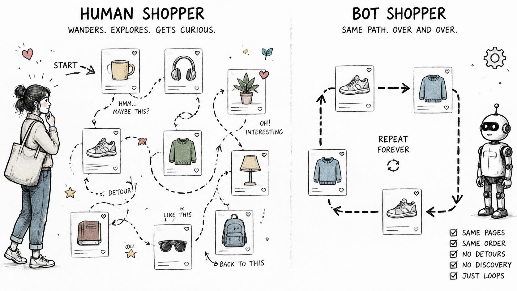 An infographic comparing the random shopping journey of a human versus the repetitive loop of a bot.