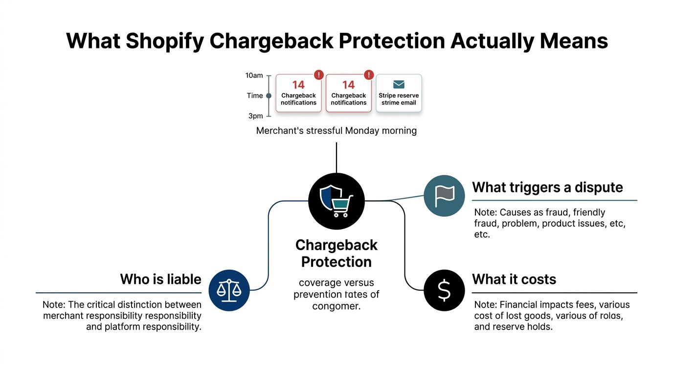 A diagram explaining Shopify chargeback protection, including liability, dispute triggers, financial costs, and common merchant stressors.