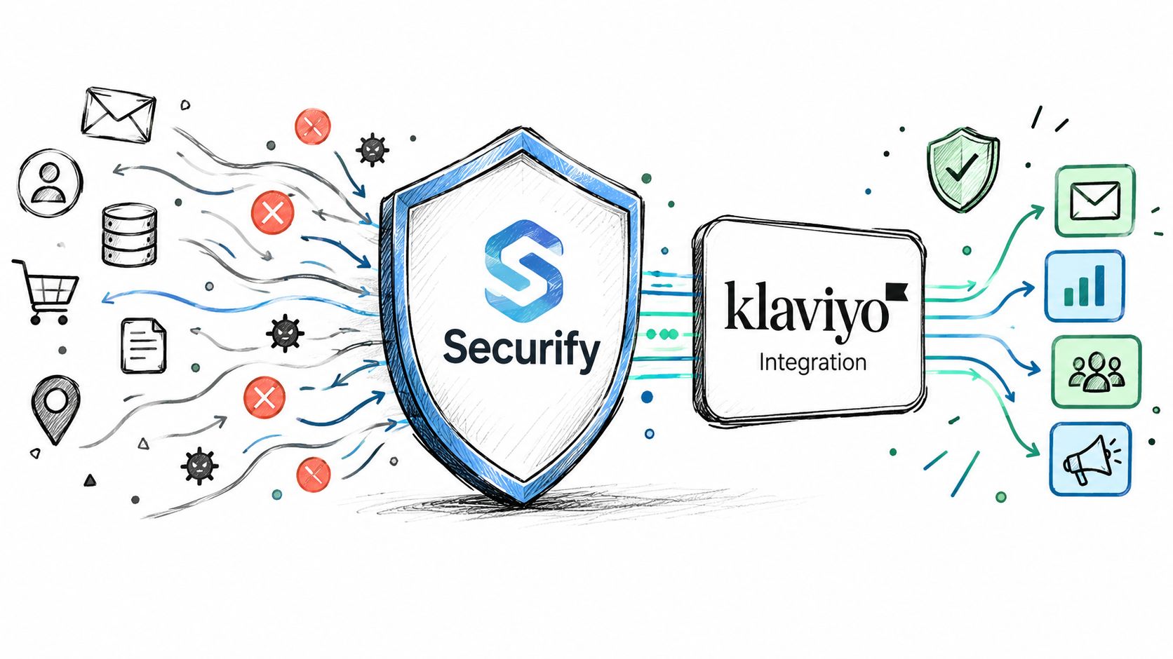 A diagram showing how Securify software integrates with Klaviyo to protect and streamline data flows.