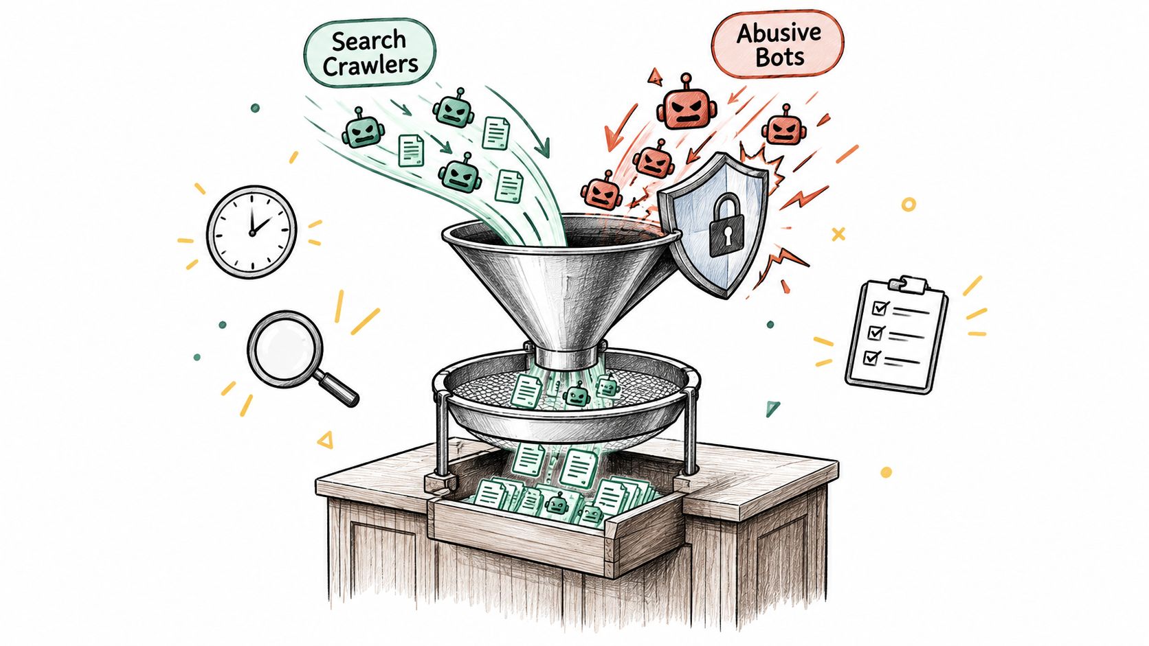 A conceptual illustration showing a funnel filtering good search crawlers from bad abusive bots using a security shield.