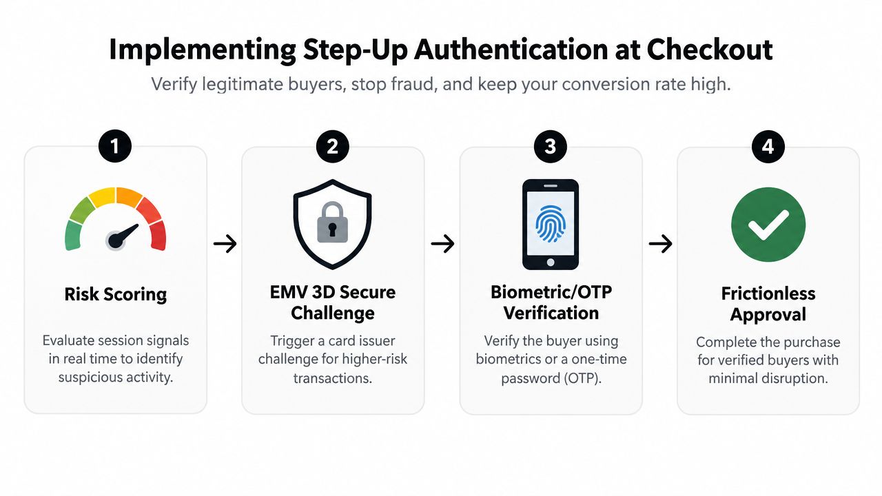 A four-step infographic illustrating the step-up authentication process to verify buyers and prevent online credit card fraud.