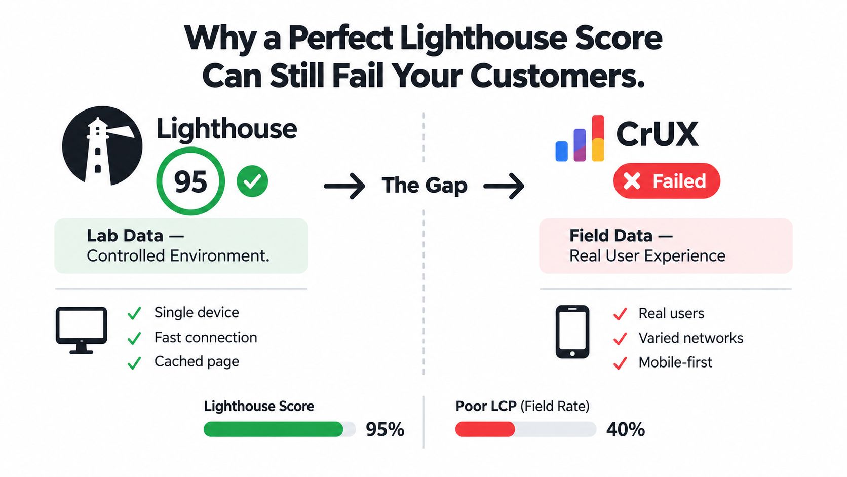 A comparison between a high Lighthouse lab score and a poor CrUX field data user experience rating.